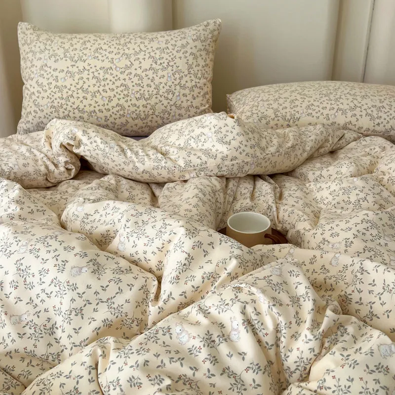 Modern Vintage Floral Double Gauze Cotton Duvet Cover Set, Purple Flat/Fitted Sheet