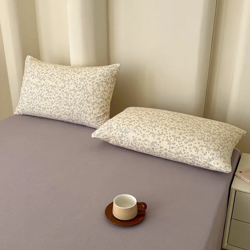 Modern Vintage Floral Double Gauze Cotton Duvet Cover Set, Purple Flat/Fitted Sheet