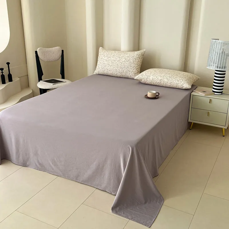 Modern Vintage Floral Double Gauze Cotton Duvet Cover Set, Purple Flat/Fitted Sheet
