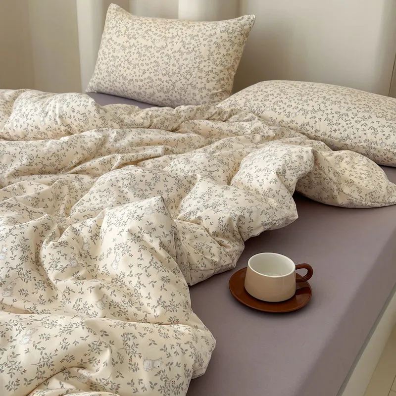 Modern Vintage Floral Double Gauze Cotton Duvet Cover Set, Purple Flat/Fitted Sheet