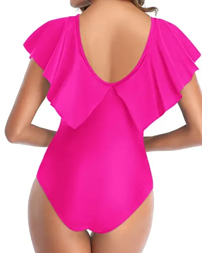 Modest Coverage One Piece Swimsuit For Women-Neon Pink
