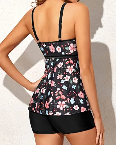 Modest Tankini Swimsuits For Women Two Piece Bathing Suits Boy Shorts-Black Floral