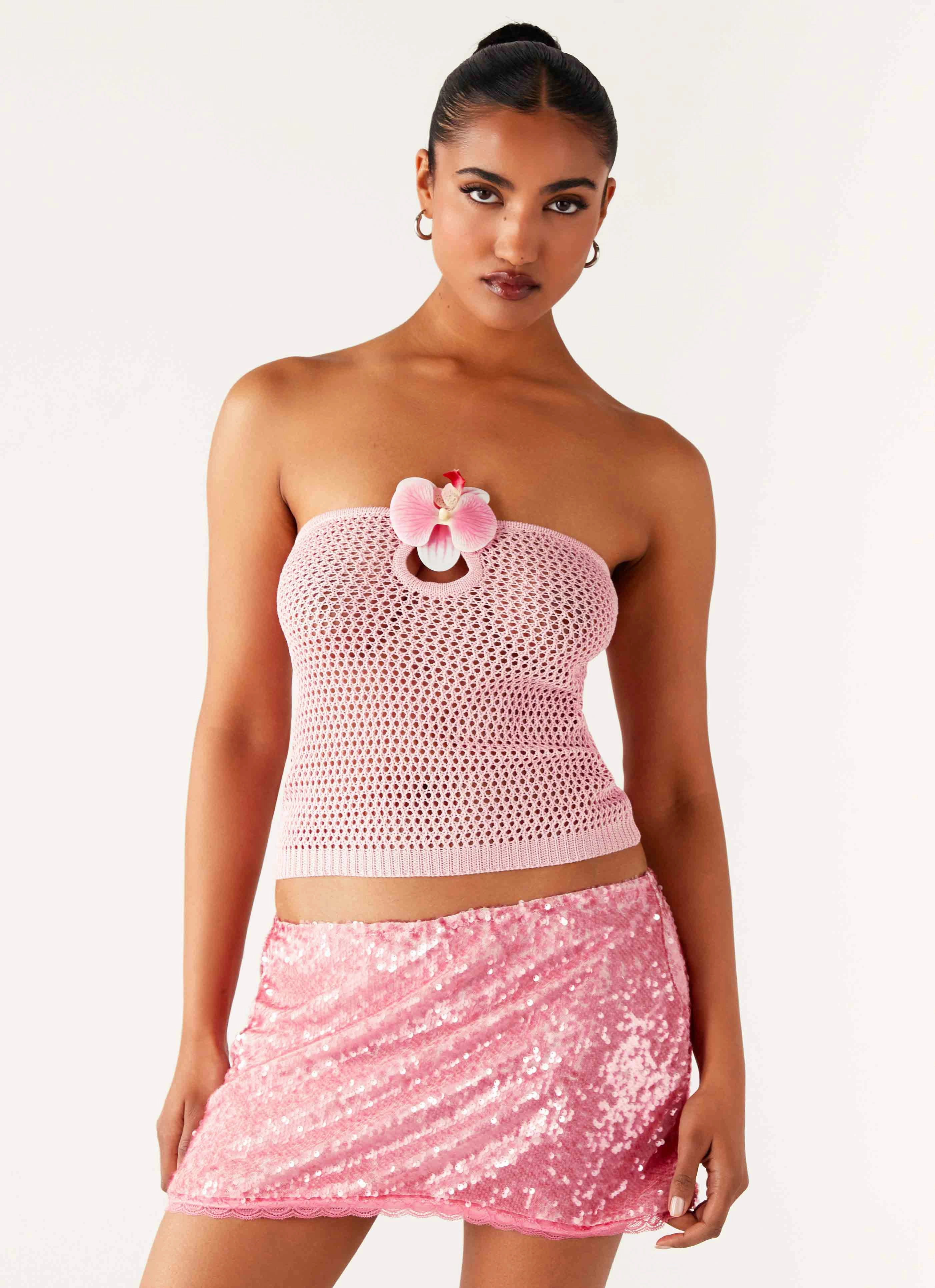 Galia Crochet Top - Pink ButtonFront Easycare