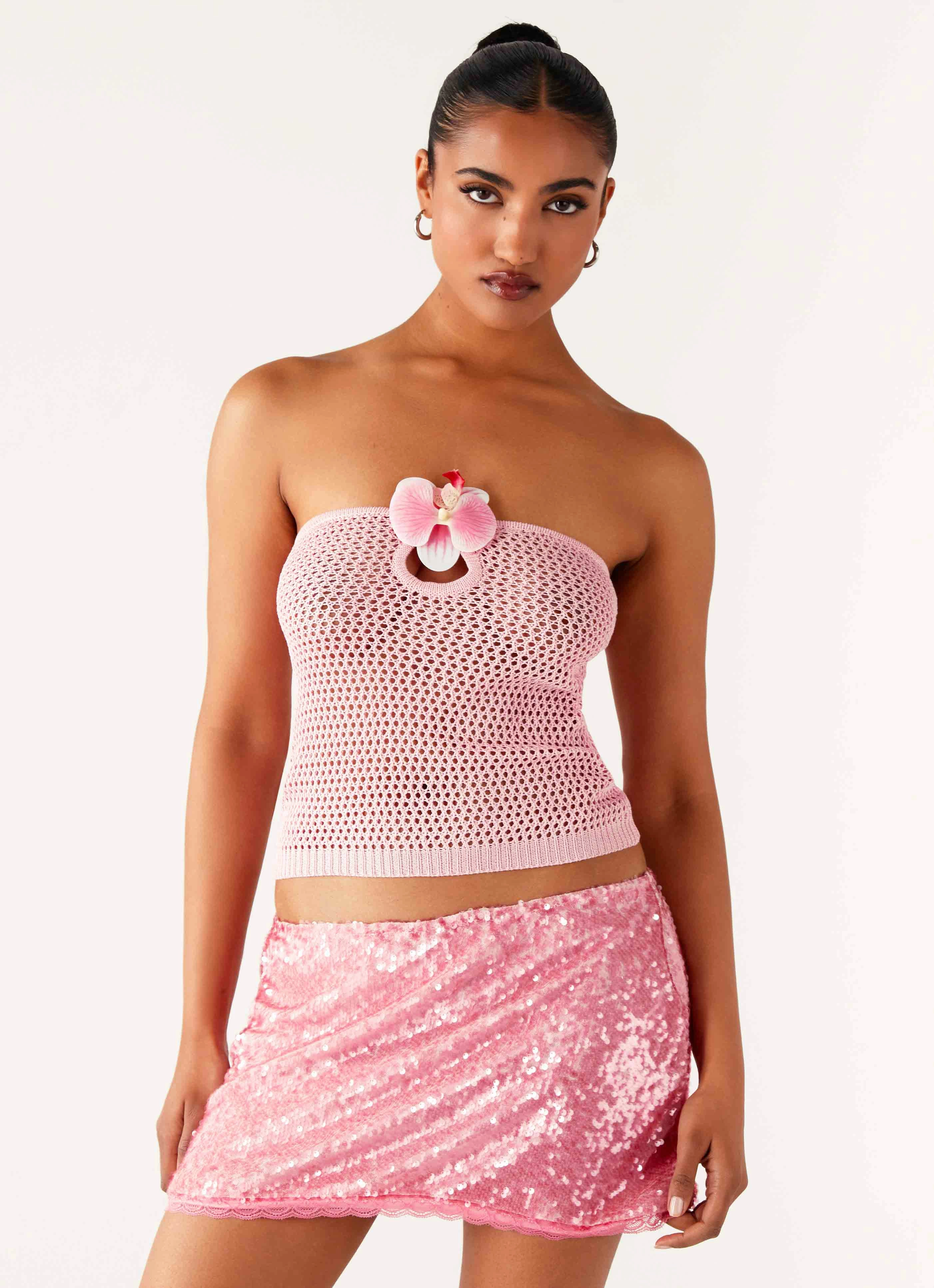 Galia Crochet Top - Pink Thermal Regulating Fabric Layered Hem Detailing