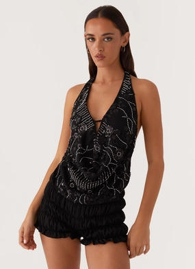 Gail Beaded Cowl Halterneck Top - Black UPF Protective Fabric