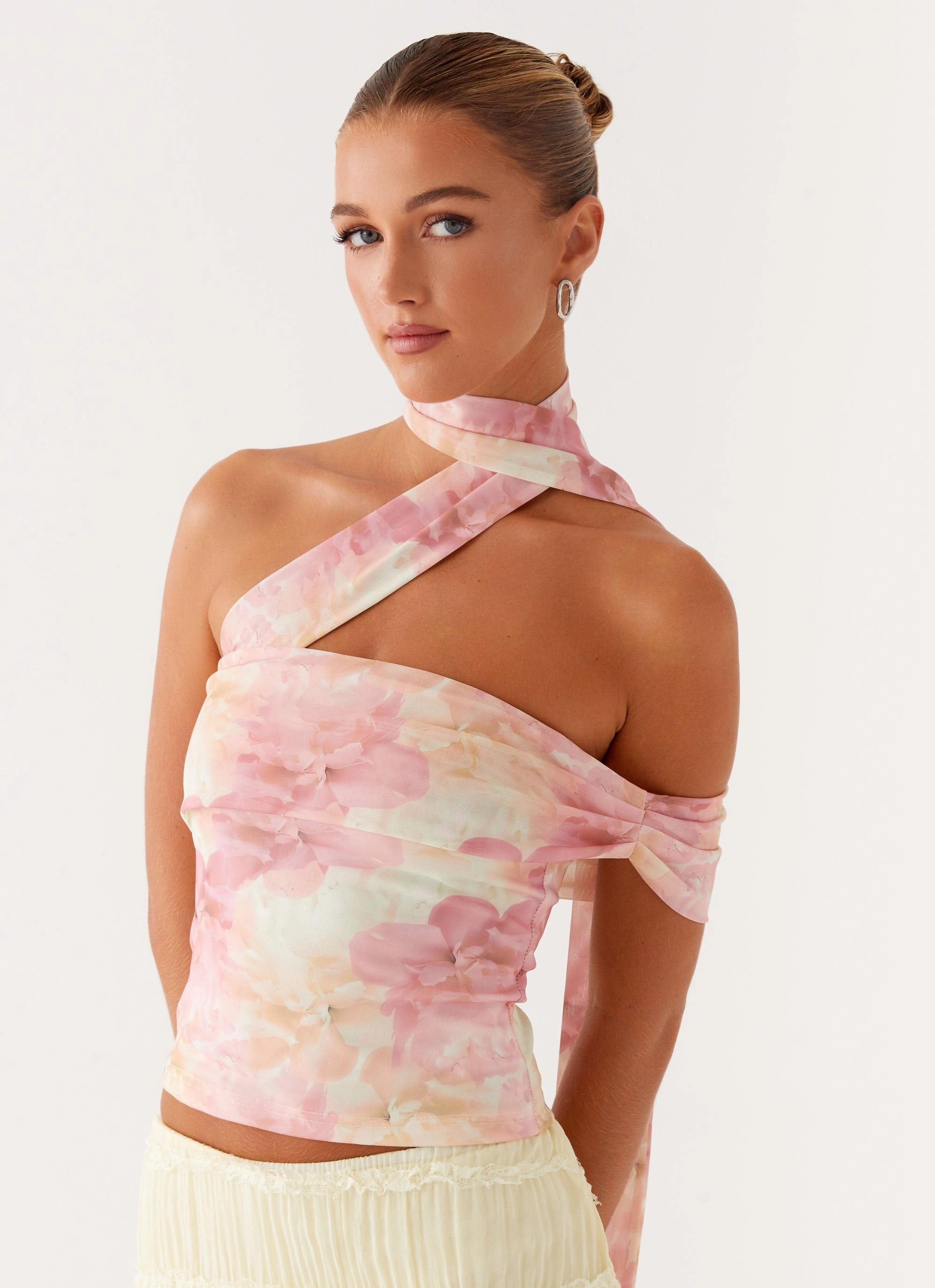 BondedShoulder Christal Scarf Top - Floral Print