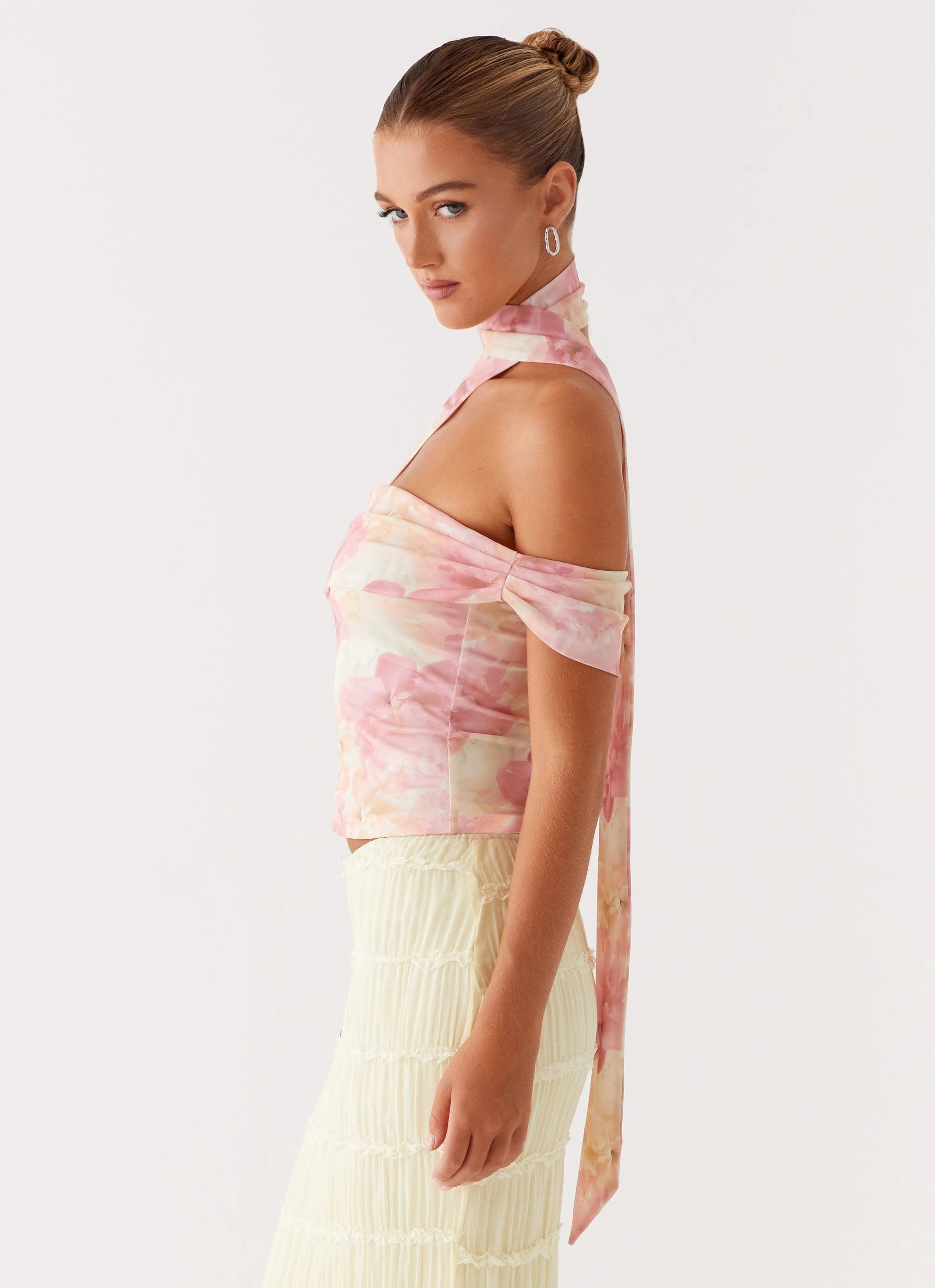 Christal Scarf Top - Floral Print Elasticated Trim Relaxed Dress