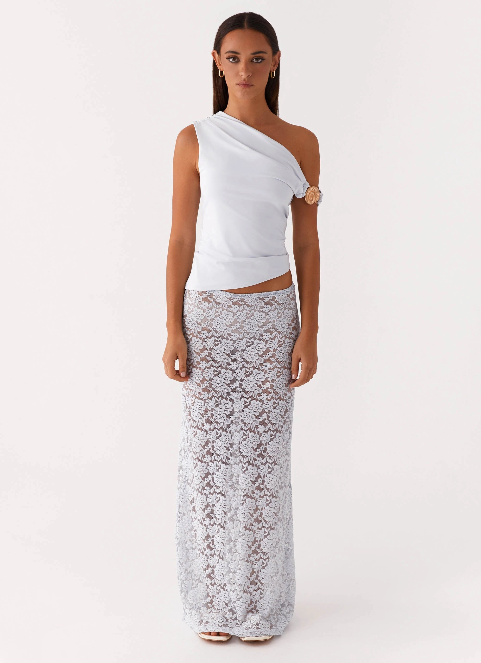 Atlas One Shoulder Top - Pale Blue AthleisureInspired Sheer Overlay Material