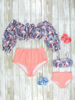 Mom & Me Grey Pink Floral Swimsuit