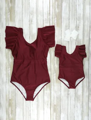 Mom & Me Maroon Ruffle Swimsuit