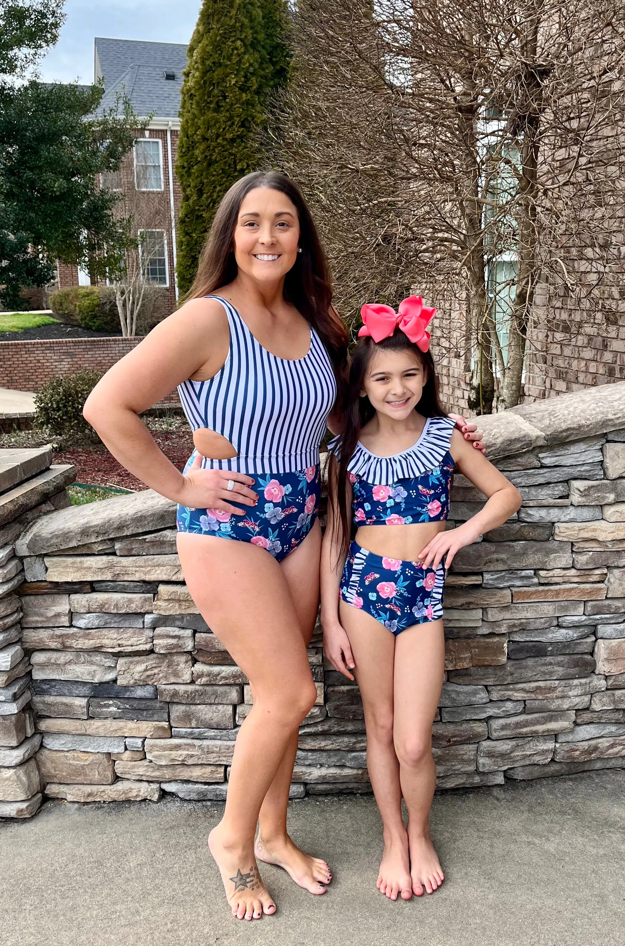 Mom & Me Navy Striped Floral Swimsuits