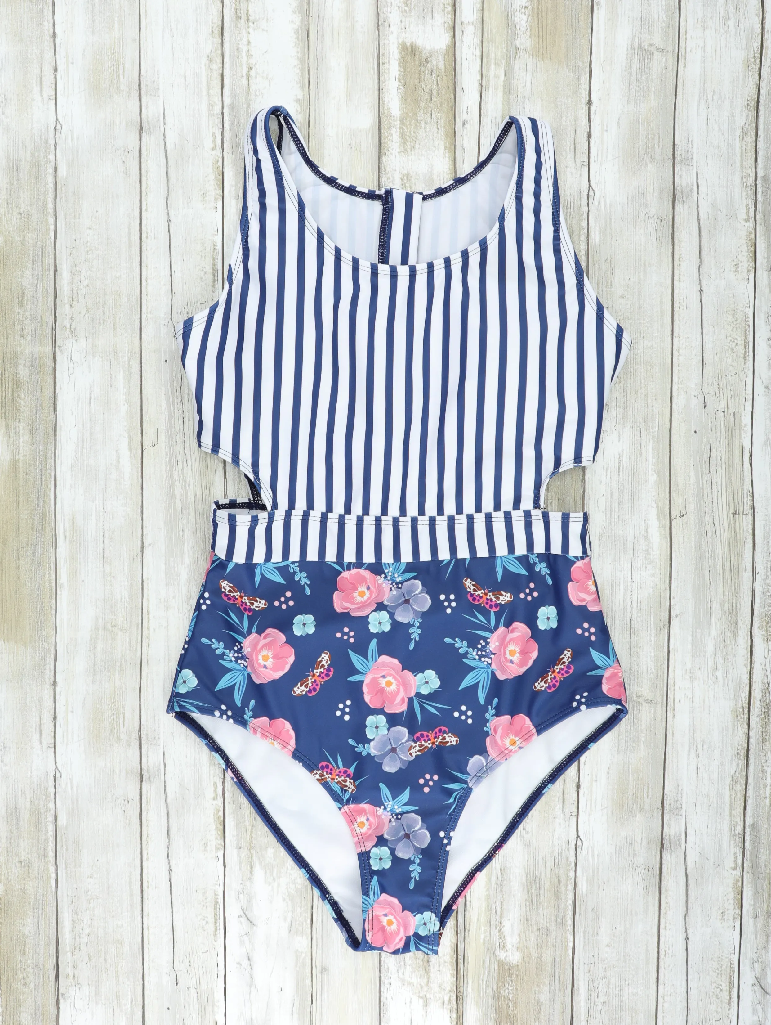 Mom & Me Navy Striped Floral Swimsuits