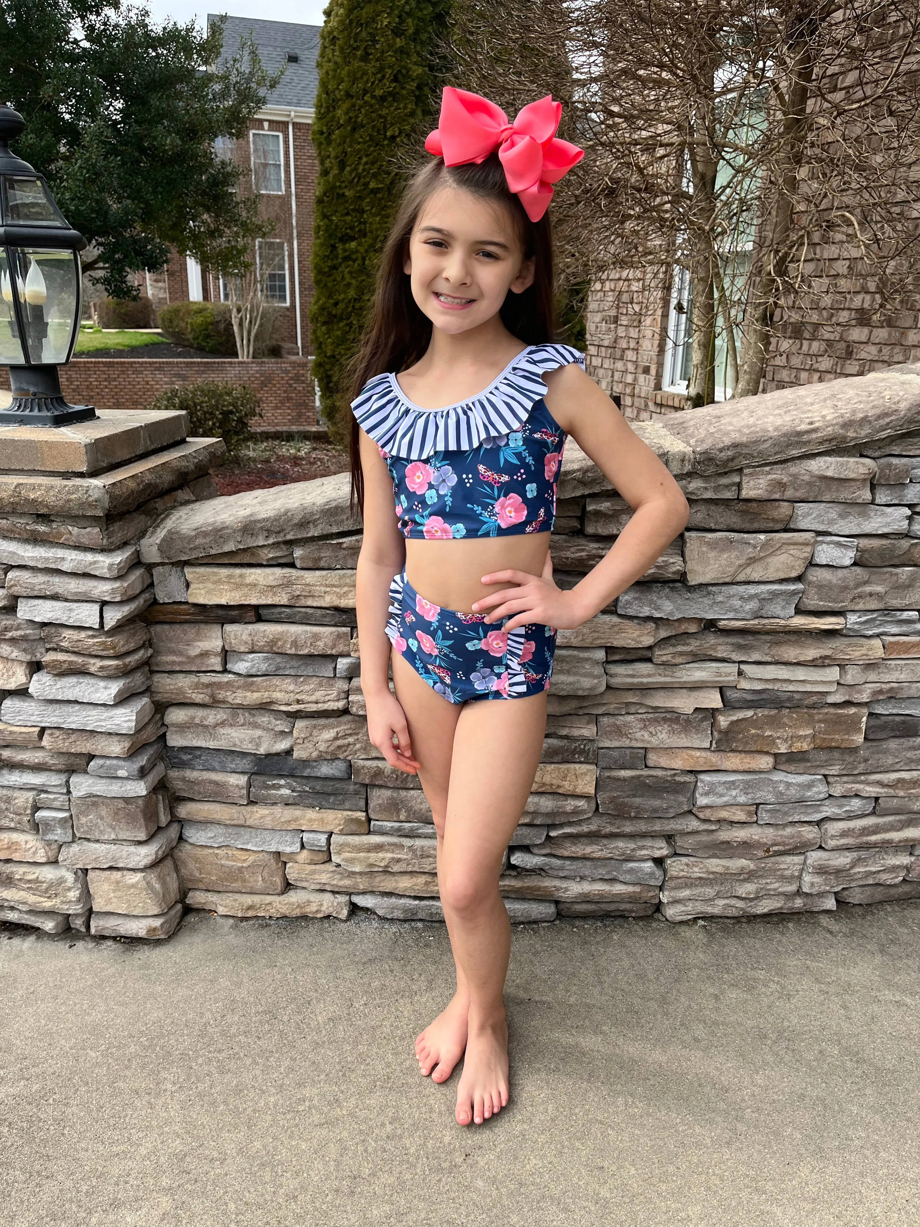 Mom & Me Navy Striped Floral Swimsuits