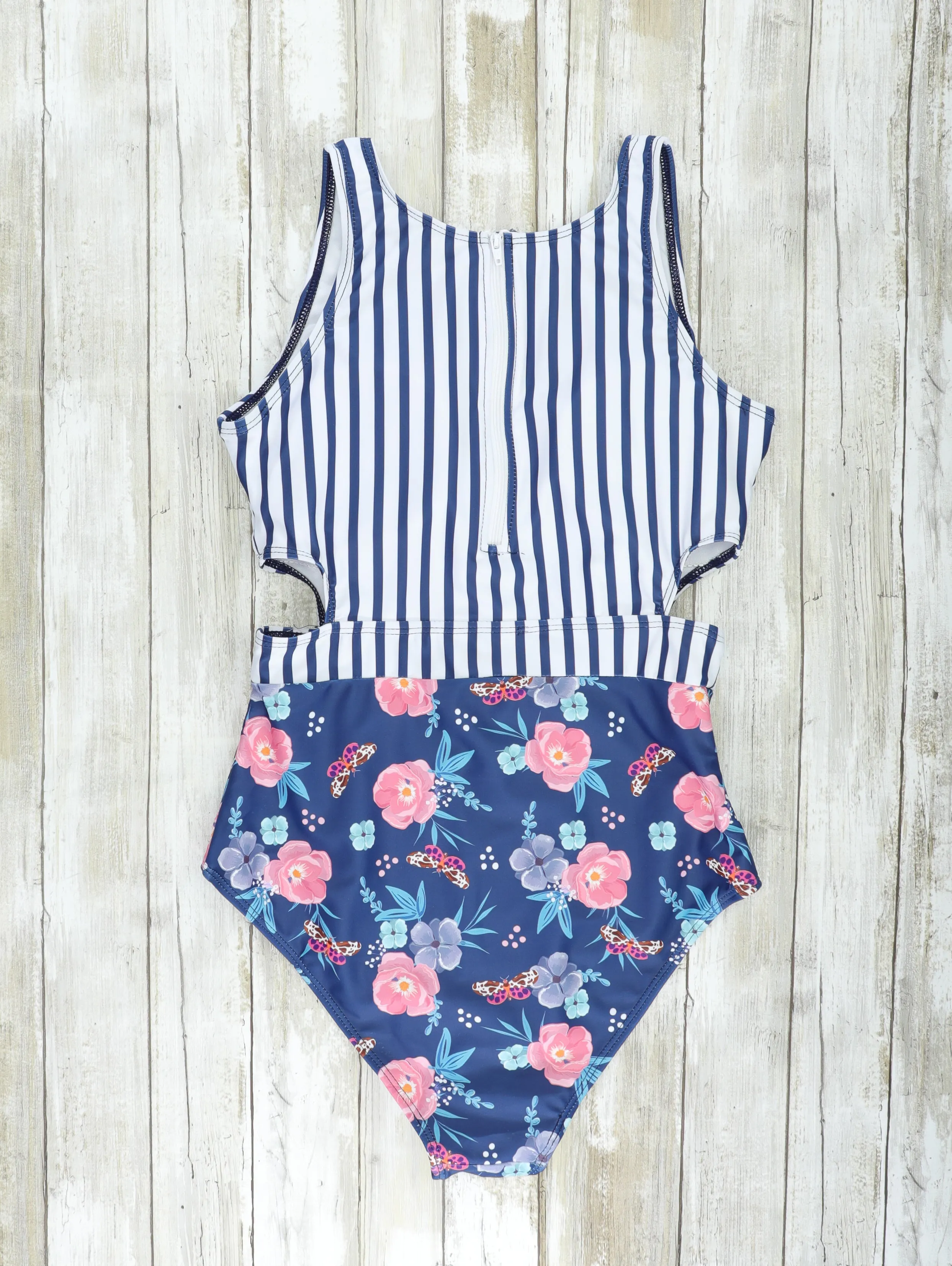 Mom & Me Navy Striped Floral Swimsuits