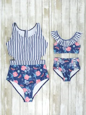 Mom & Me Navy Striped Floral Swimsuits