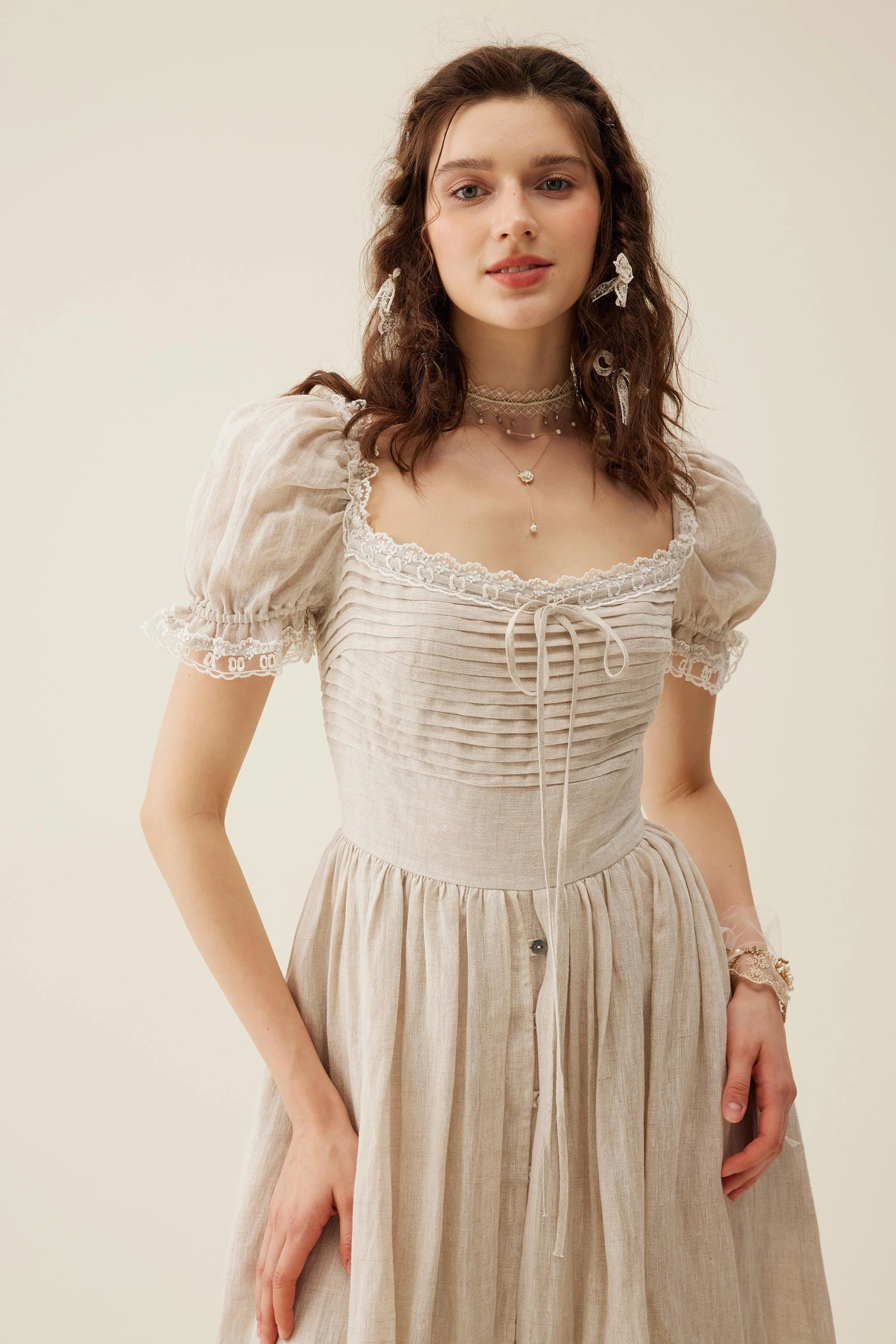 Monet Haze 26 | Fairy layered Linen Dress with pintucks HypoallergenicMaterial Lightweight Material