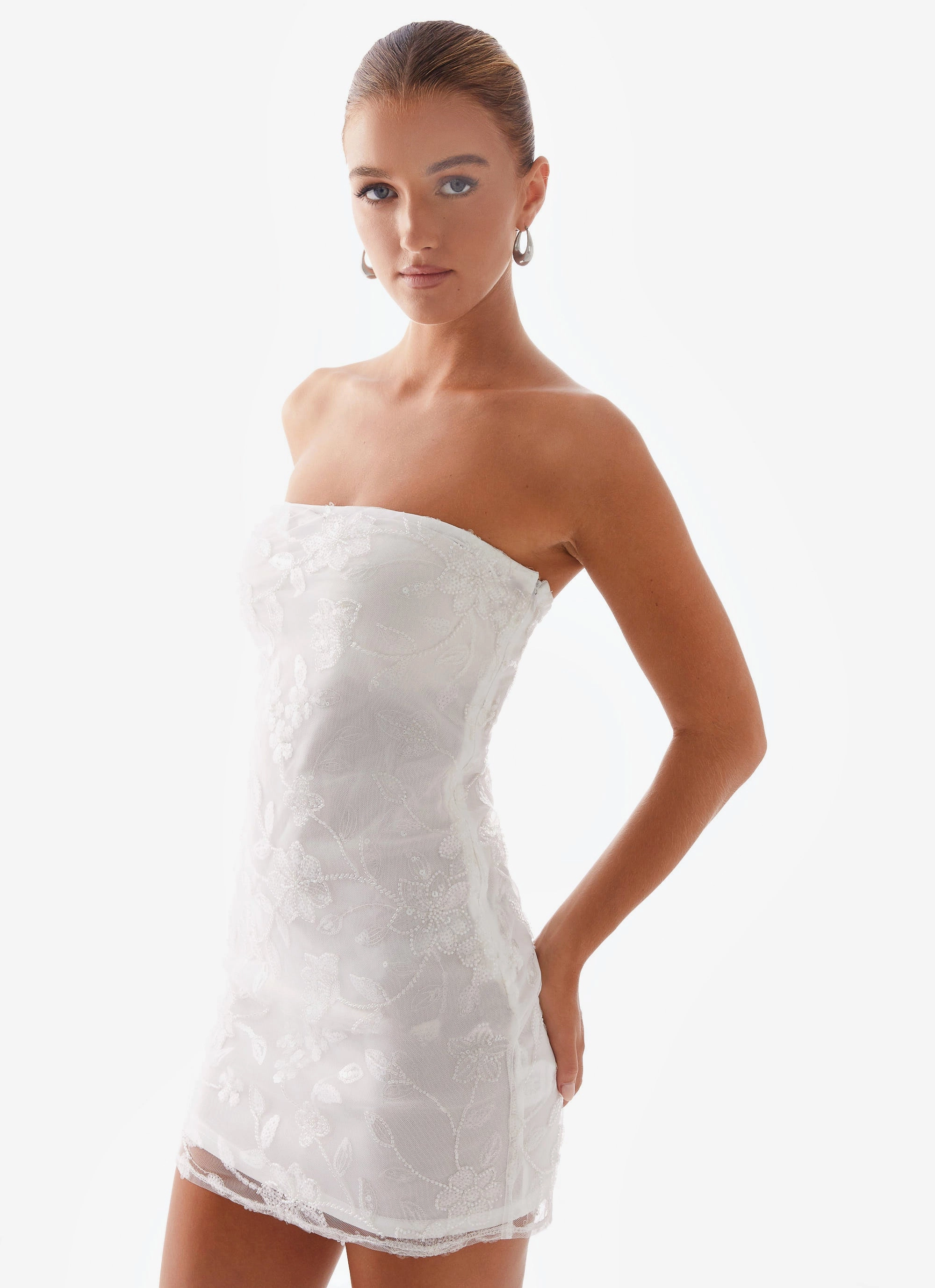 Timeless Look Wear Moorey Beaded Mini Dress - White Silver