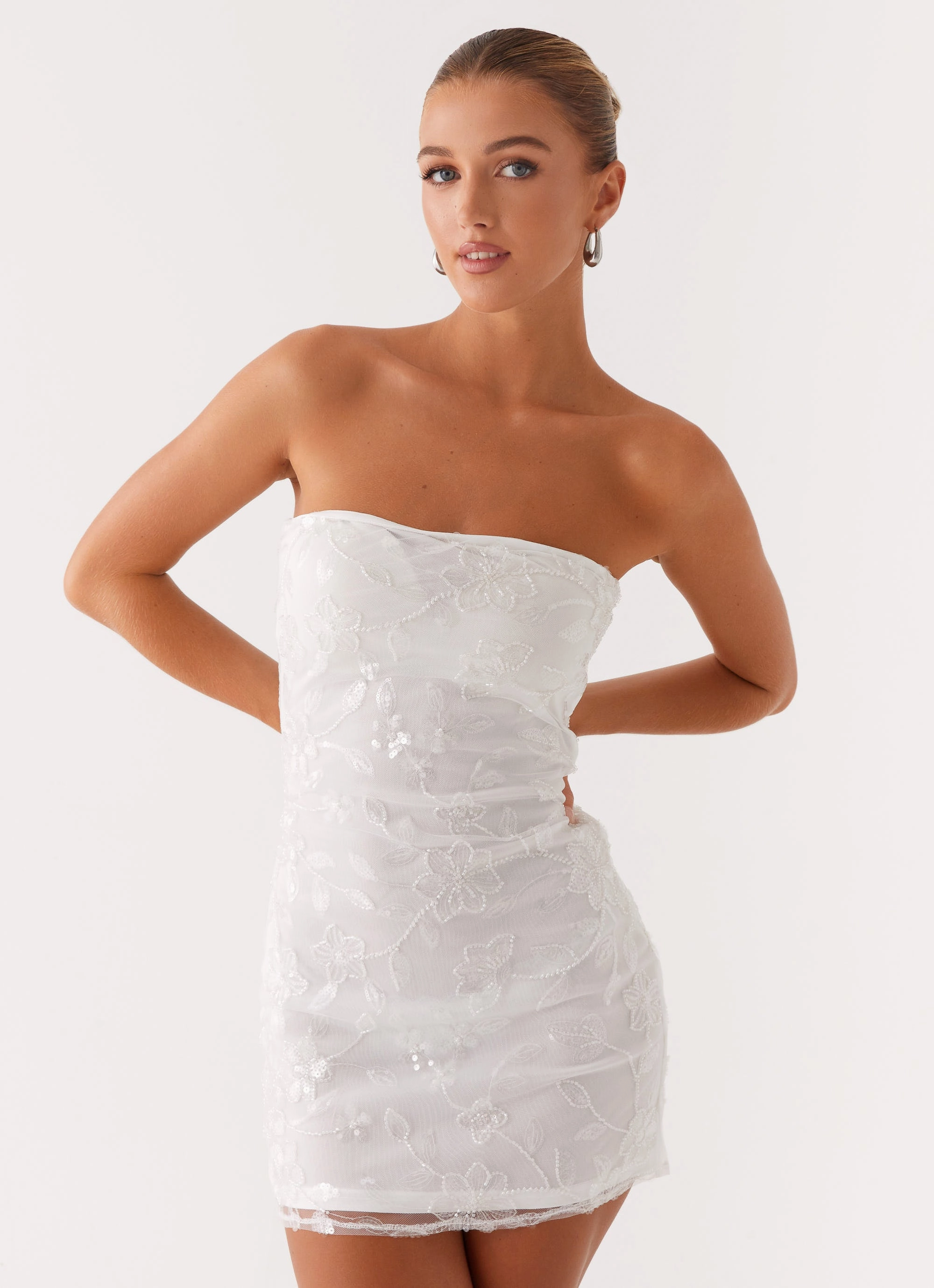 Moorey Beaded Mini Dress - White Silver Playful Twist