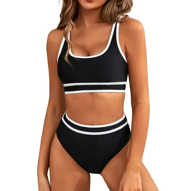 MOSHU High Waisted Womens Bikini Sets Sporty Two Piece Swimsuits for Women Color Block High Cut Bathing Suits
