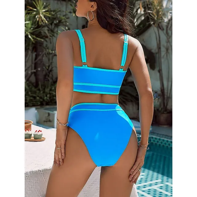 MOSHU High Waisted Womens Bikini Sets Sporty Two Piece Swimsuits for Women Color Block High Cut Bathing Suits