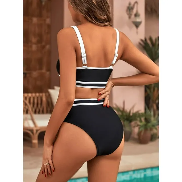 MOSHU High Waisted Womens Bikini Sets Sporty Two Piece Swimsuits for Women Color Block High Cut Bathing Suits