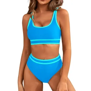 MOSHU High Waisted Womens Bikini Sets Sporty Two Piece Swimsuits for Women Color Block High Cut Bathing Suits