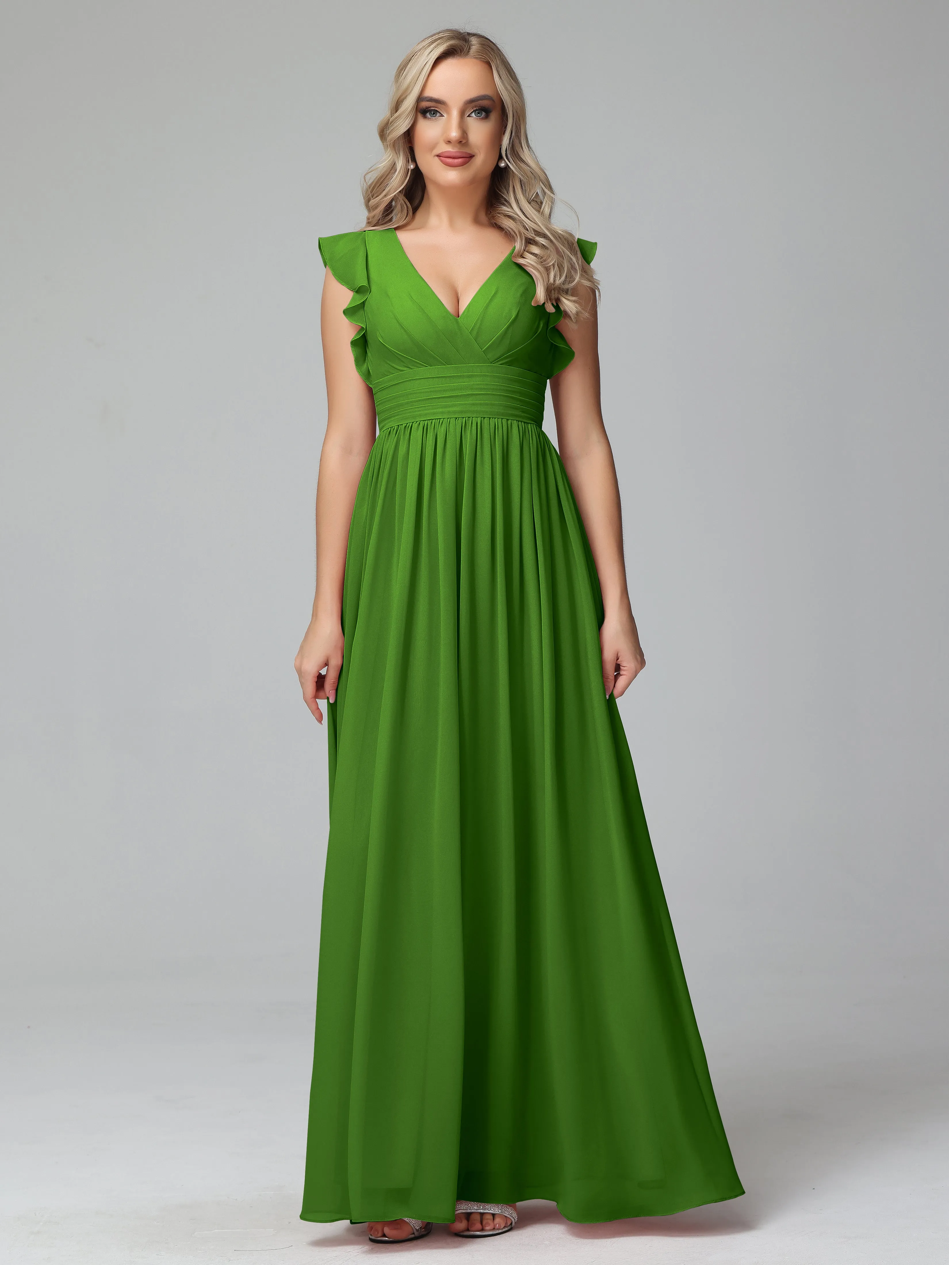 Moss Bridesmaid Dresses Bonnie V-Neck Chiffon Bridesmaid Dresses With Ruffle Sleeves