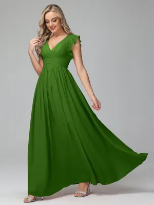 Moss Bridesmaid Dresses Bonnie V-Neck Chiffon Bridesmaid Dresses With Ruffle Sleeves