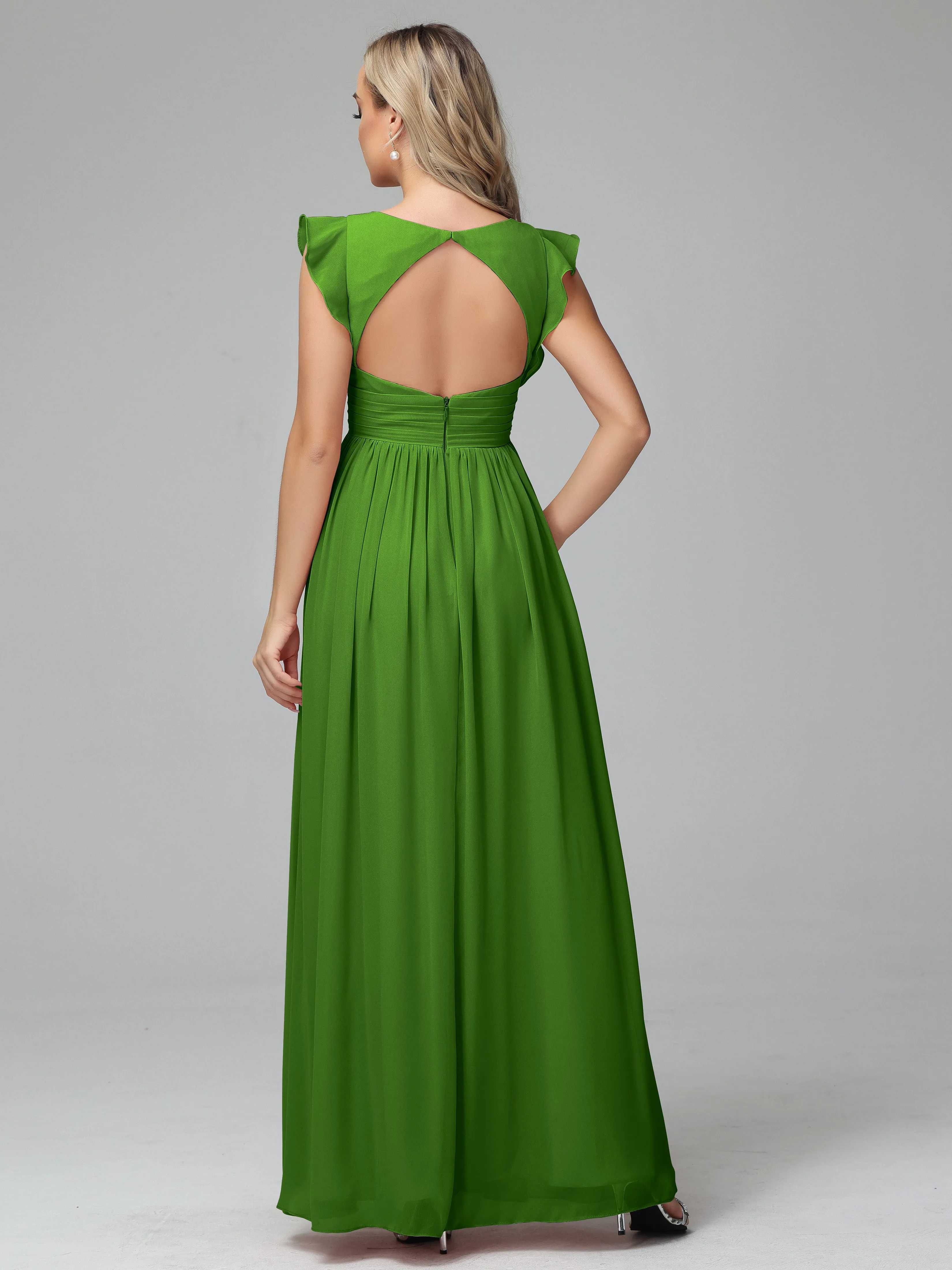 Moss Bridesmaid Dresses Bonnie V-Neck Chiffon Bridesmaid Dresses With Ruffle Sleeves