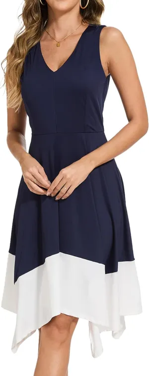 Moss Rose Women's Summer Casual Dress Fashion V Neck Sleeveless Midi Dresses with Asymmetrical Hem
