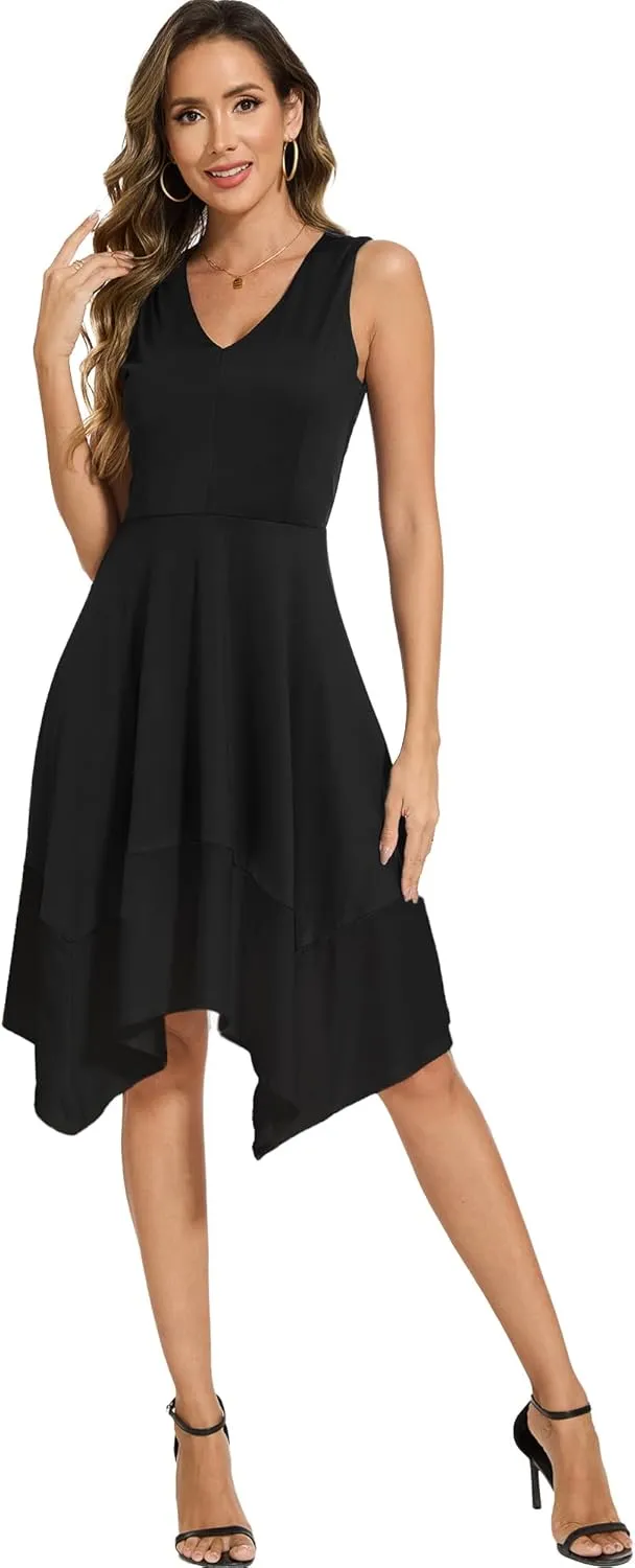 Moss Rose Women's Summer Casual Dress Fashion V Neck Sleeveless Midi Dresses with Asymmetrical Hem