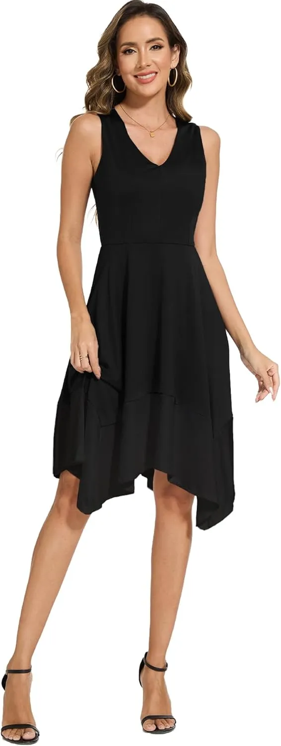 Moss Rose Women's Summer Casual Dress Fashion V Neck Sleeveless Midi Dresses with Asymmetrical Hem
