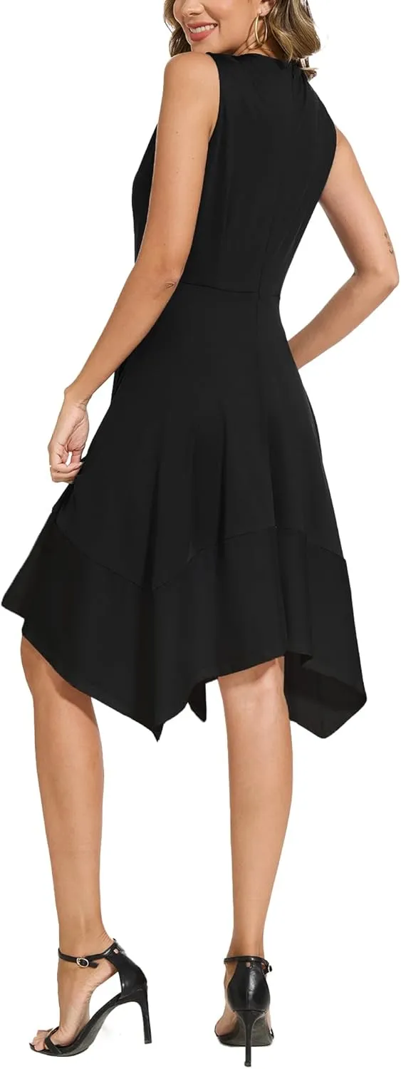 Moss Rose Women's Summer Casual Dress Fashion V Neck Sleeveless Midi Dresses with Asymmetrical Hem