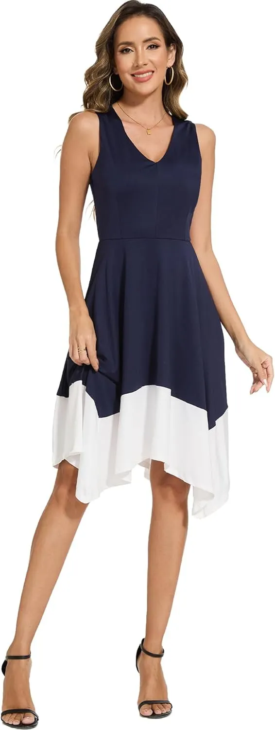 Moss Rose Women's Summer Casual Dress Fashion V Neck Sleeveless Midi Dresses with Asymmetrical Hem