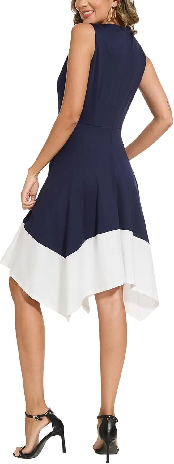 Moss Rose Women's Summer Casual Dress Fashion V Neck Sleeveless Midi Dresses with Asymmetrical Hem