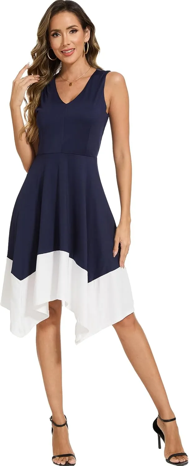Moss Rose Women's Summer Casual Dress Fashion V Neck Sleeveless Midi Dresses with Asymmetrical Hem
