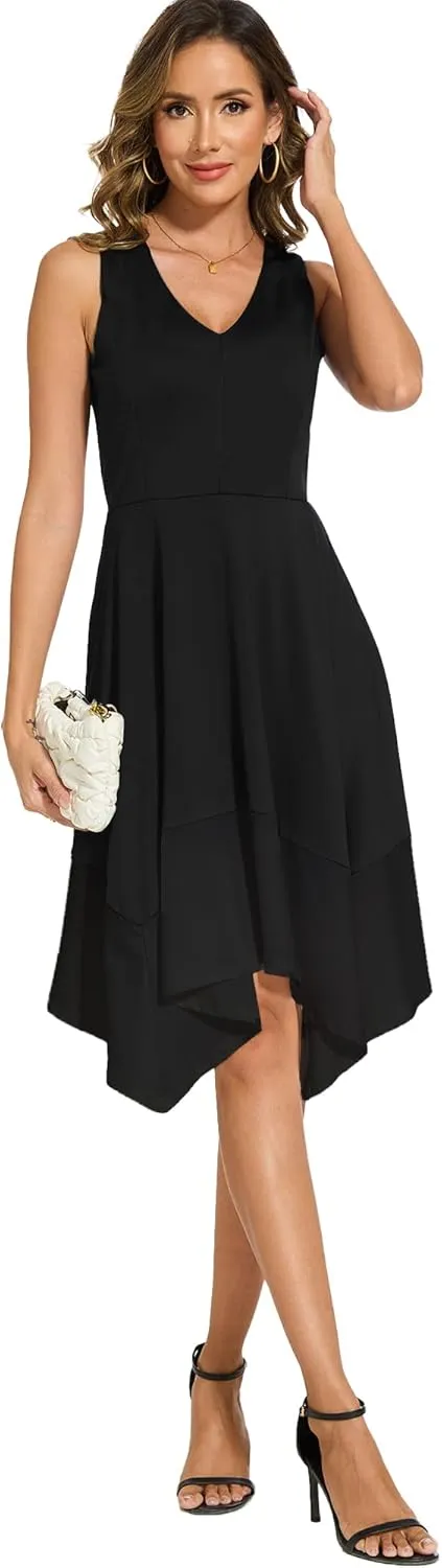 Moss Rose Women's Summer Casual Dress Fashion V Neck Sleeveless Midi Dresses with Asymmetrical Hem
