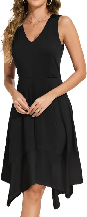 Moss Rose Women's Summer Casual Dress Fashion V Neck Sleeveless Midi Dresses with Asymmetrical Hem
