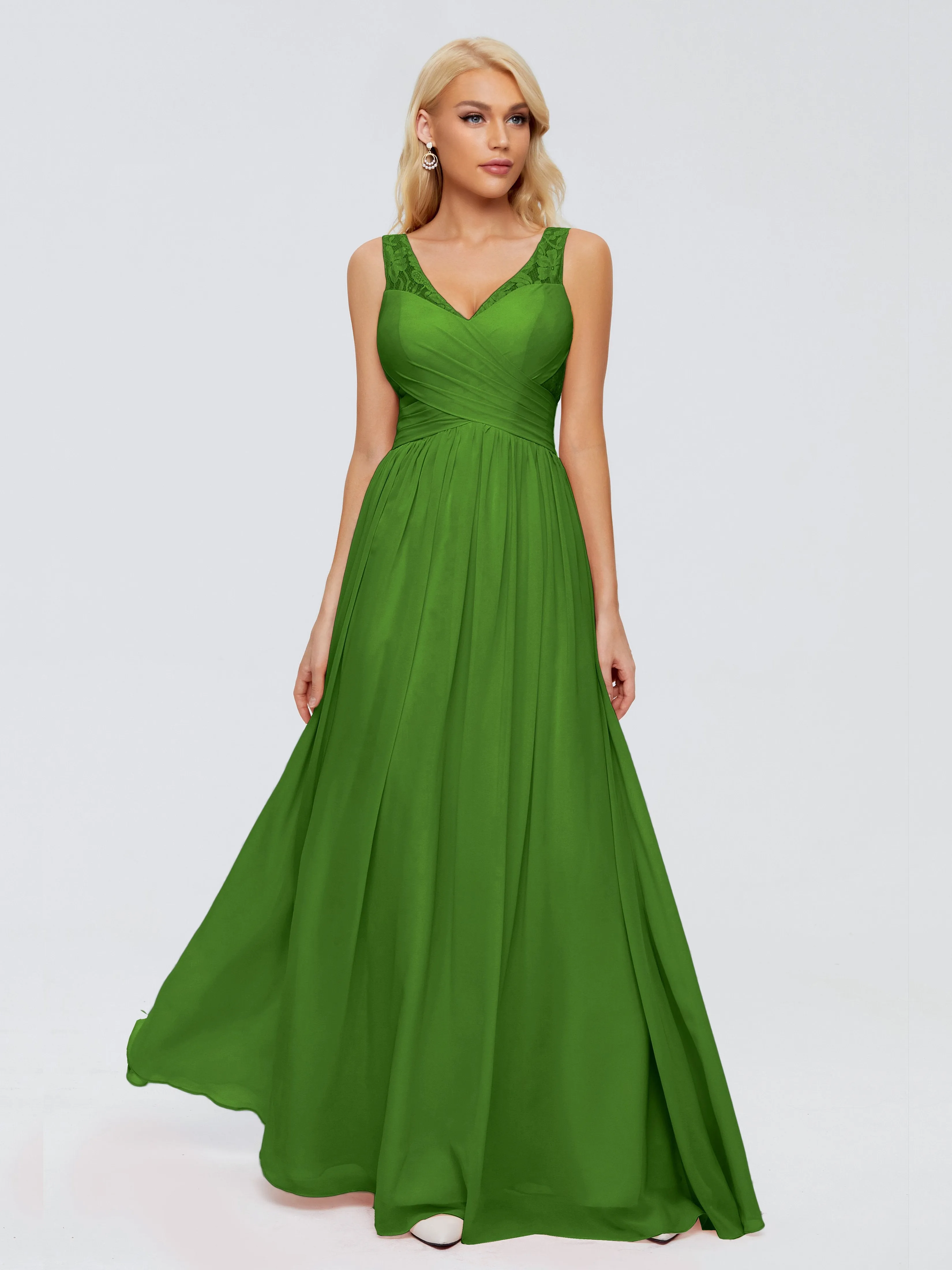 Mossy Green Bridesmaid Dresses Kayla Straps Lace Chiffon Bridesmaid Dresses V Neck Straps Chiffon Floor Length Bridesmaids Dress