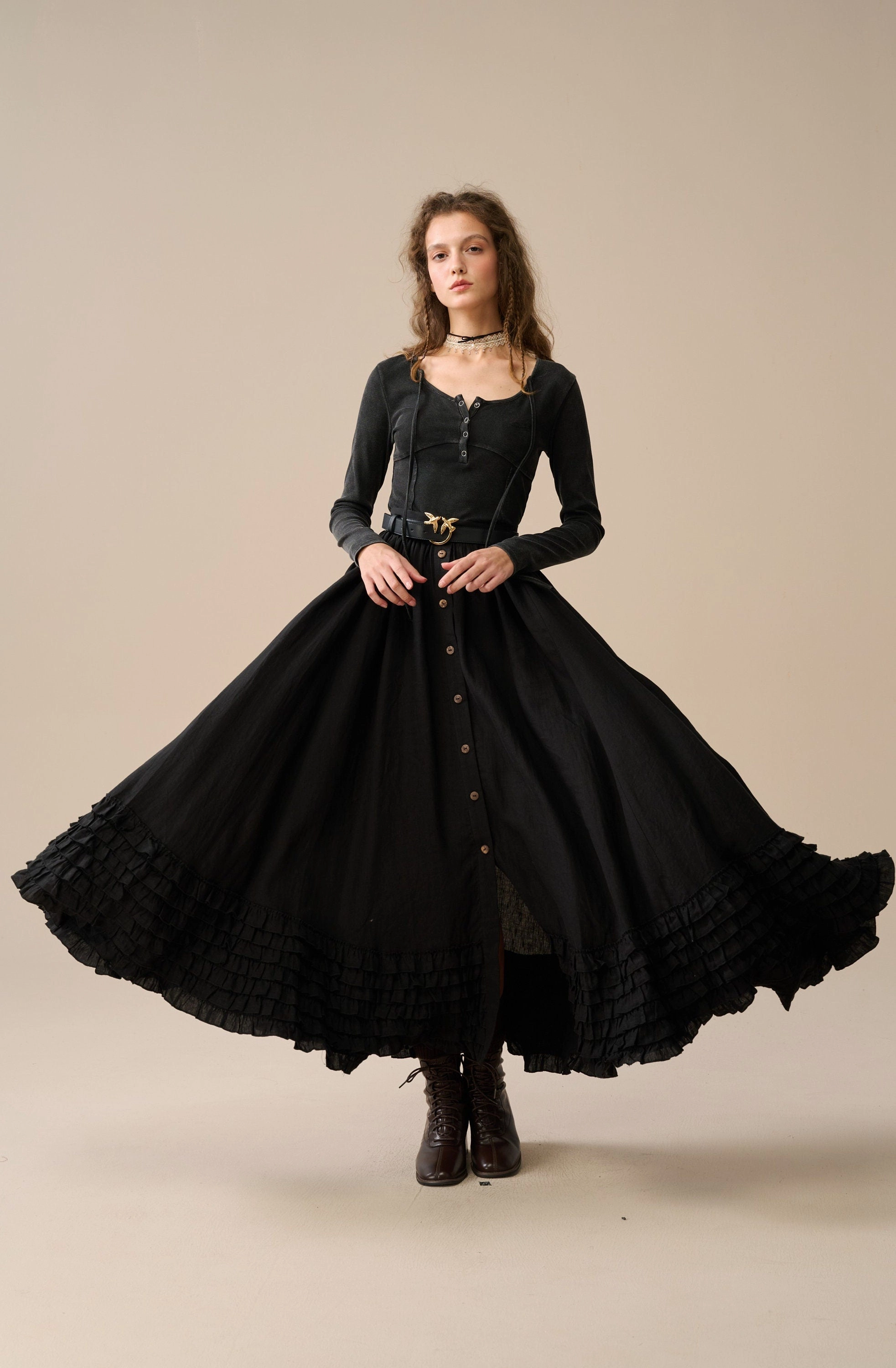 Fleece Backing RubberizedTrim Dorothy 27 | Ruffled maxi linen skirt