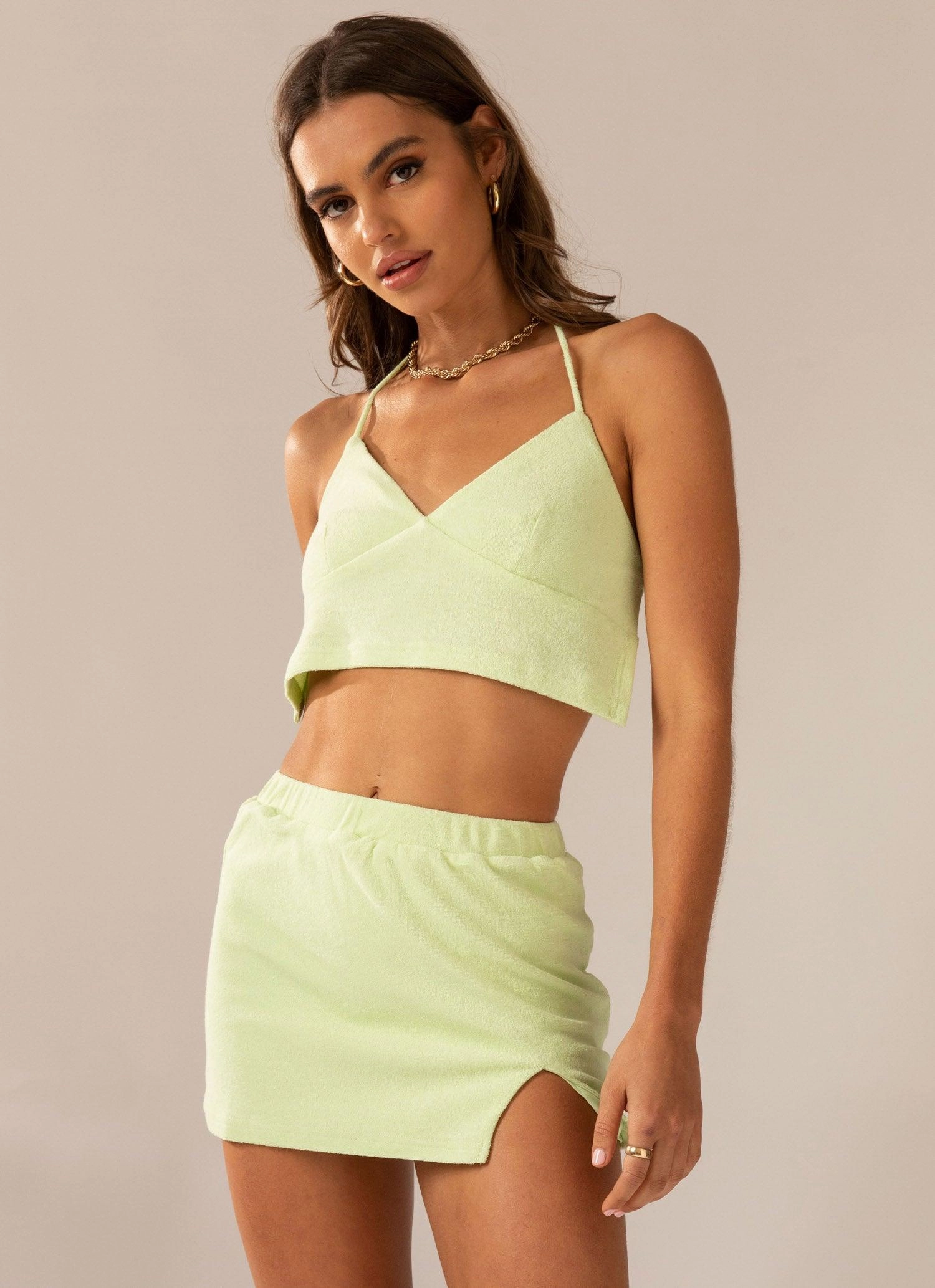 Changing Seasons Terry Mini Skirt - Lime Green No Ride Fit WrinkleResistantMaterial