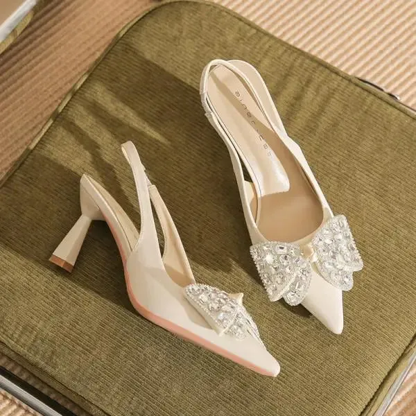 MQTIME  -  Comfort Shoes for Women Beige Heeled Sandals Black Bow Stiletto Clear Low 2024 Pointed Open Rhinestone Girls High Closed Sweet R