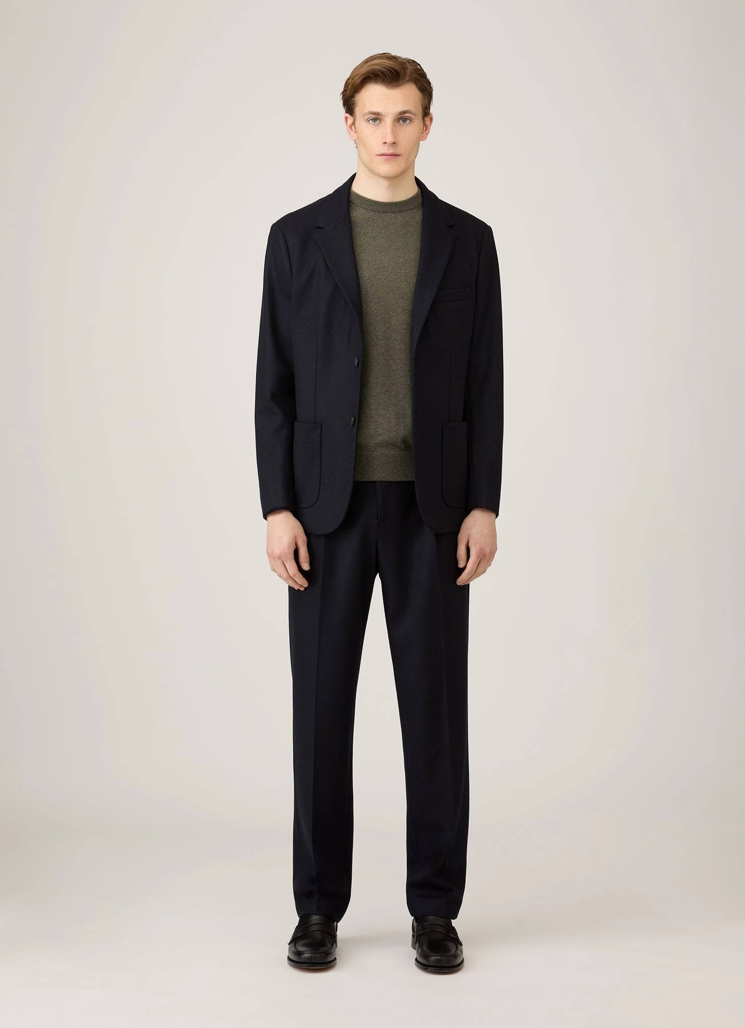 Men's Cashmere Crew Neck Jumper in Khaki Layered Knit Structure