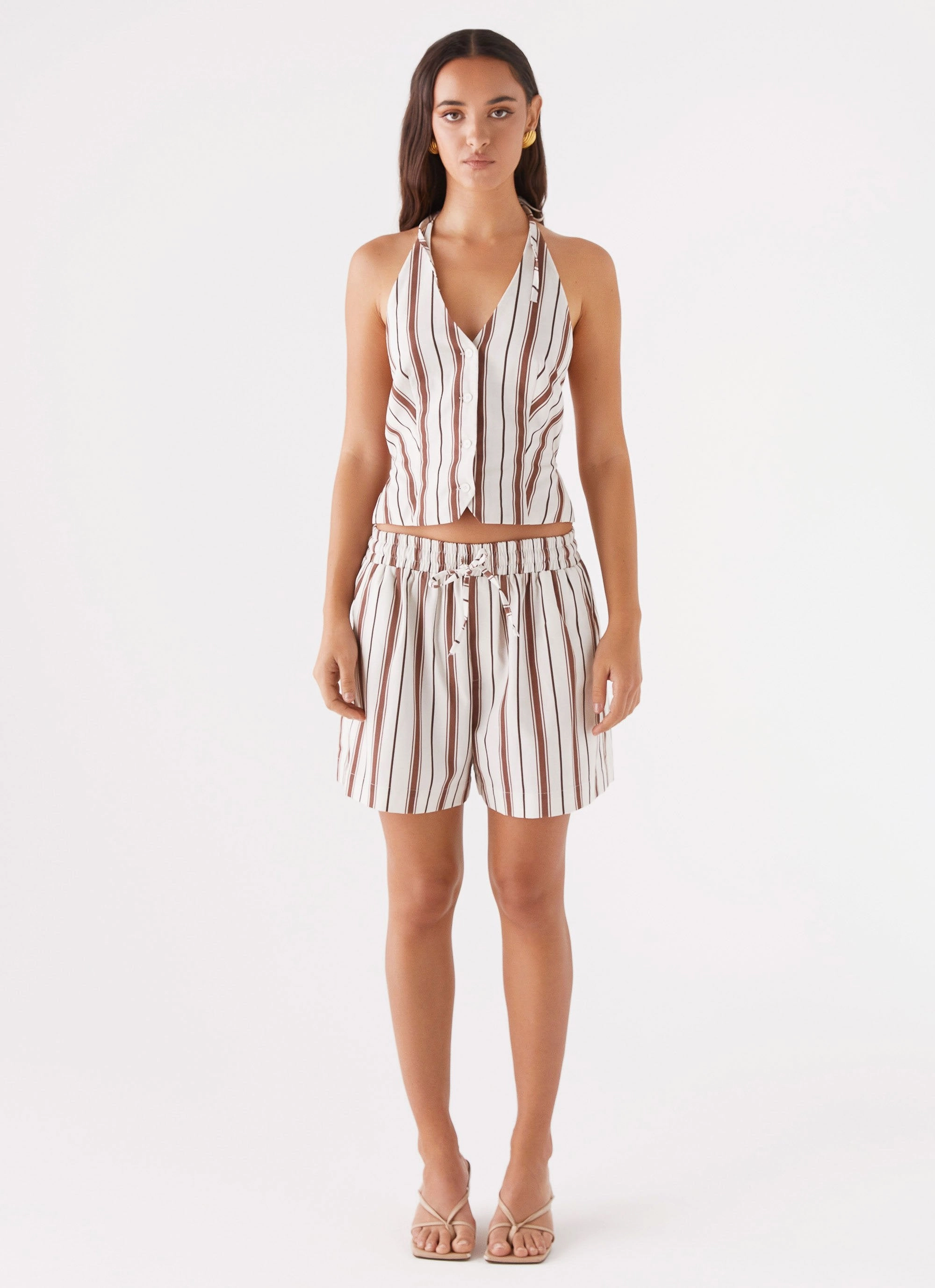 Effortless Style Ultra Soft Inner Layer Kristen Linen Drawstring Shorts - Brown Stripe