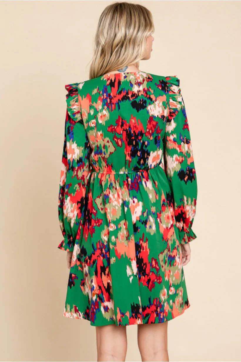 Multicolor Print Baby Doll Dress W/ V-Neck