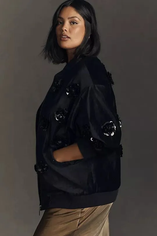 Seamless Design Velvet Floral Embroidered Bomber Jacket