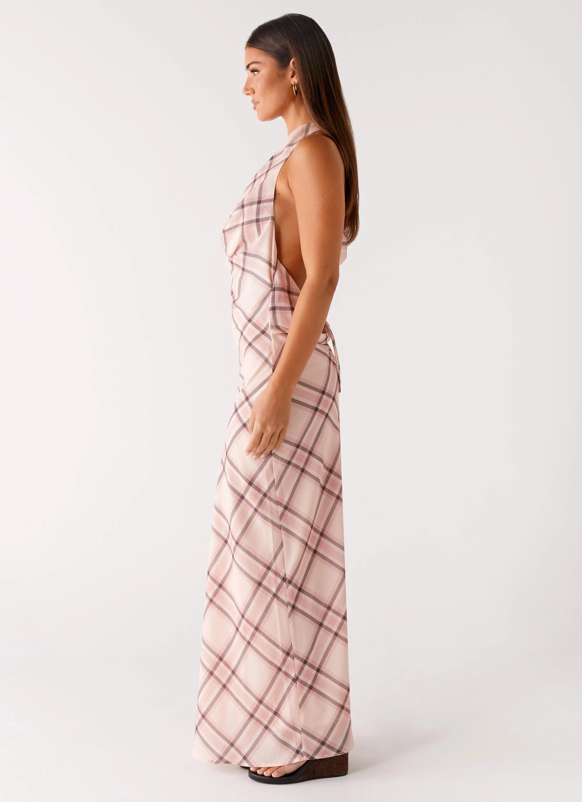Muse Maxi Dress - Pink Check Earth-Tone Subtle Elegance