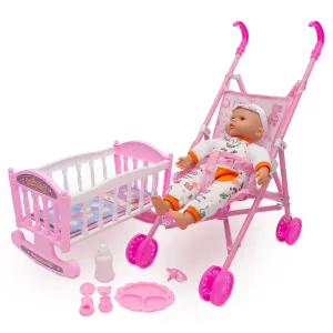 My Baby Love Play Doll Set with Doll, Pram & Cradle