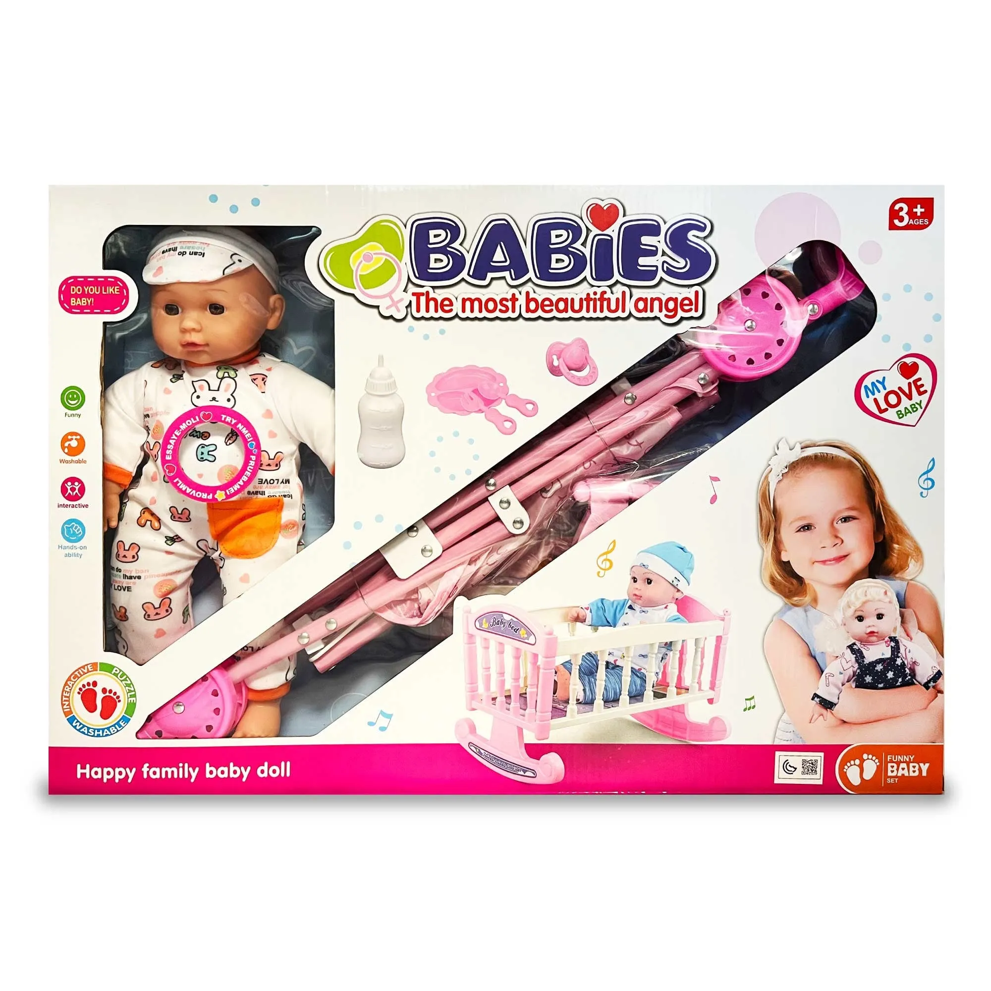My Baby Love Play Doll Set with Doll, Pram & Cradle