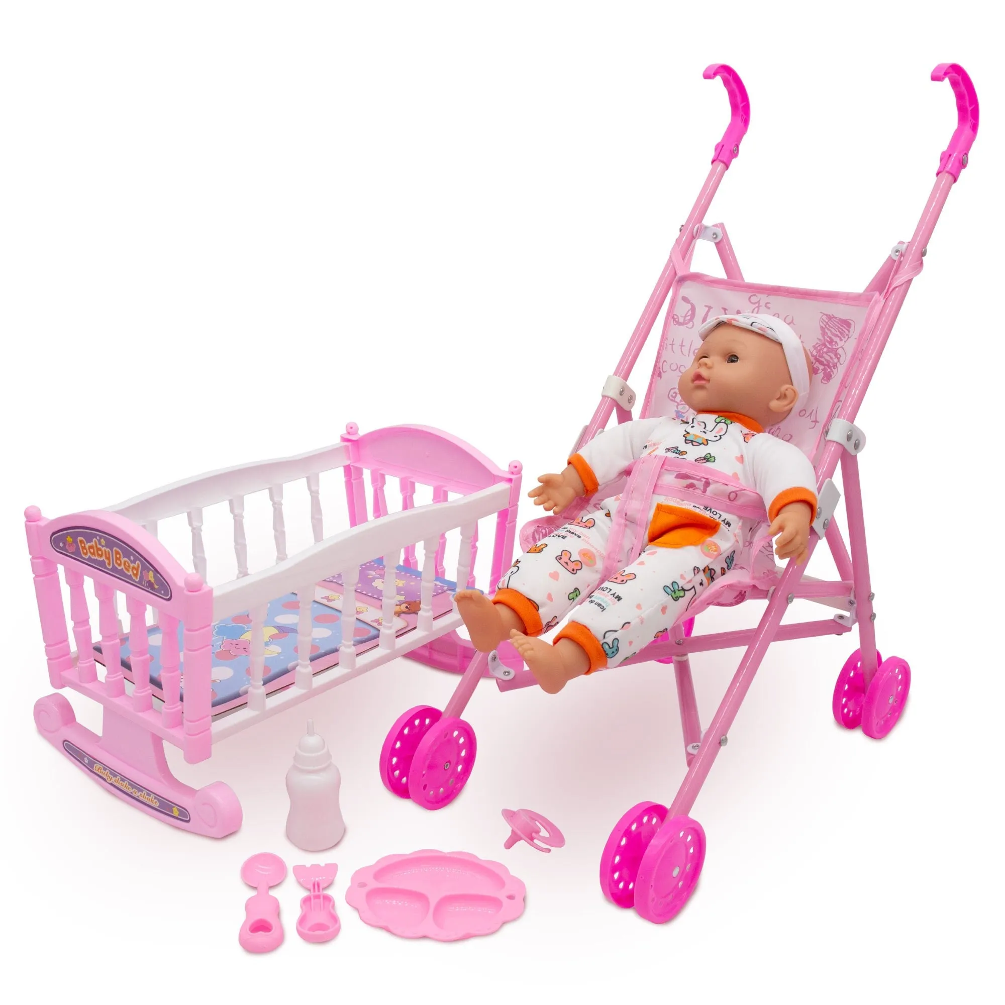 My Baby Love Play Doll Set with Doll, Pram & Cradle